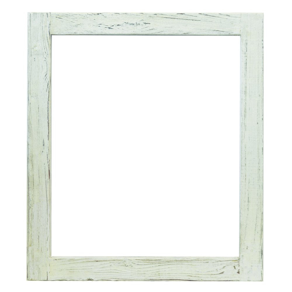 Rectangular mirror with whitewash wooden frame featuring distressed texture and grain detail.