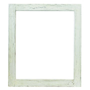Rectangular mirror with whitewash wooden frame featuring distressed texture and grain detail.
