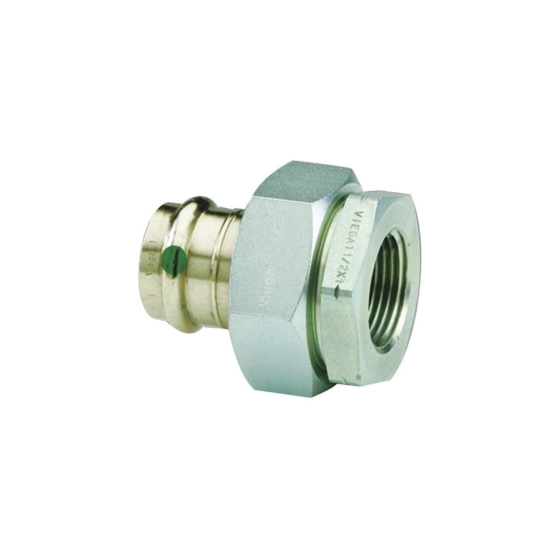 Bronze press di-electric union fitting with 1/2" connections and threaded female port.