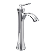 Chrome single-handle bathroom faucet with high arching spout and lever handle for vessel sinks.