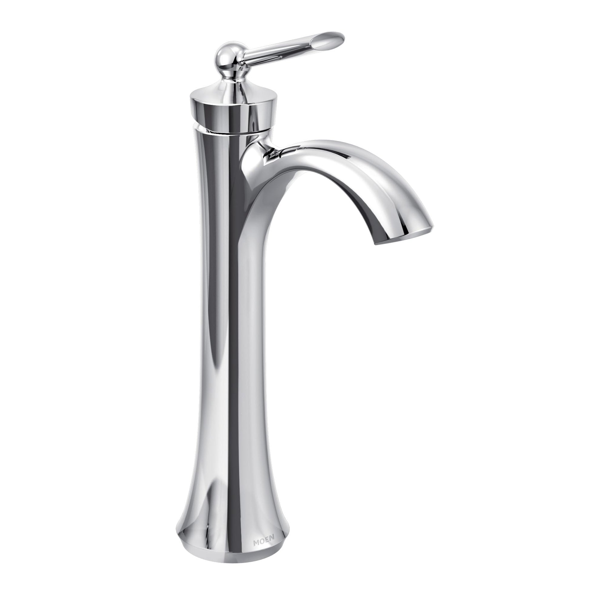 Chrome single-handle bathroom faucet with high arching spout and lever handle for vessel sinks.