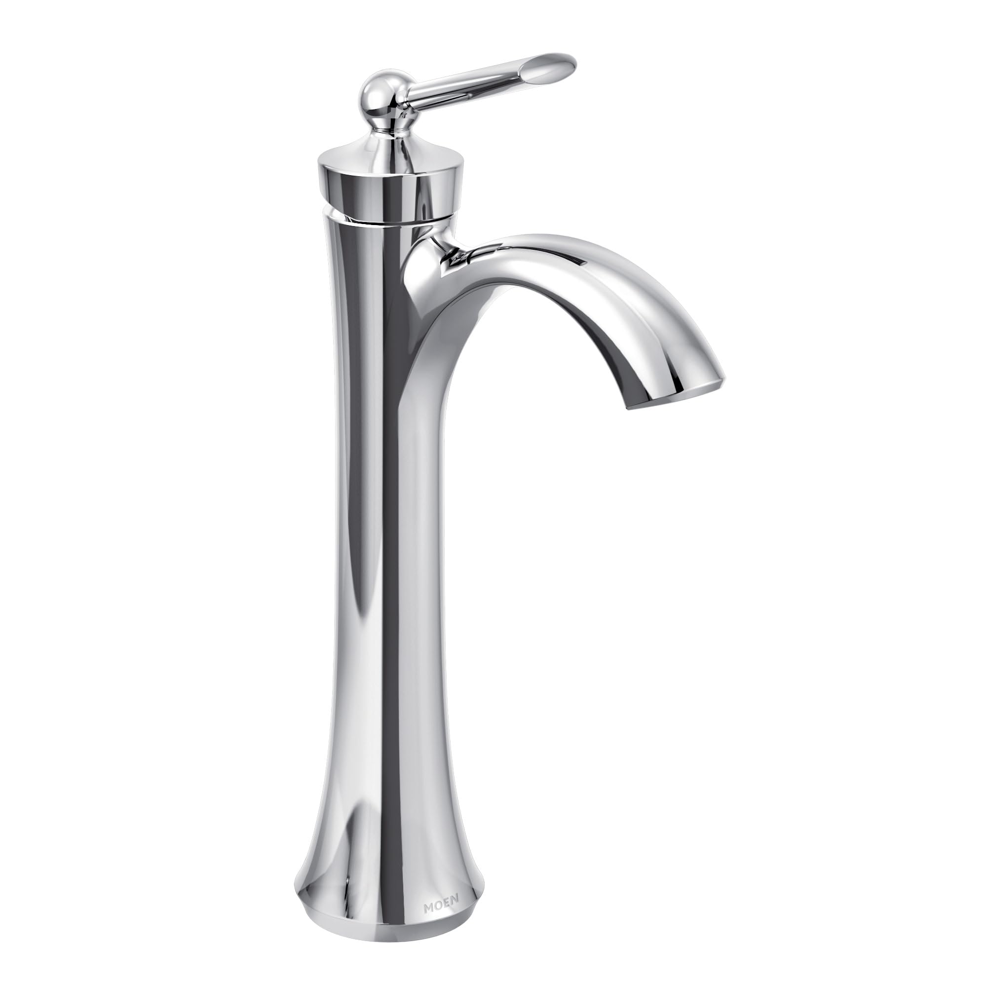 Chrome single-handle bathroom faucet with high arching spout and lever handle for vessel sinks.