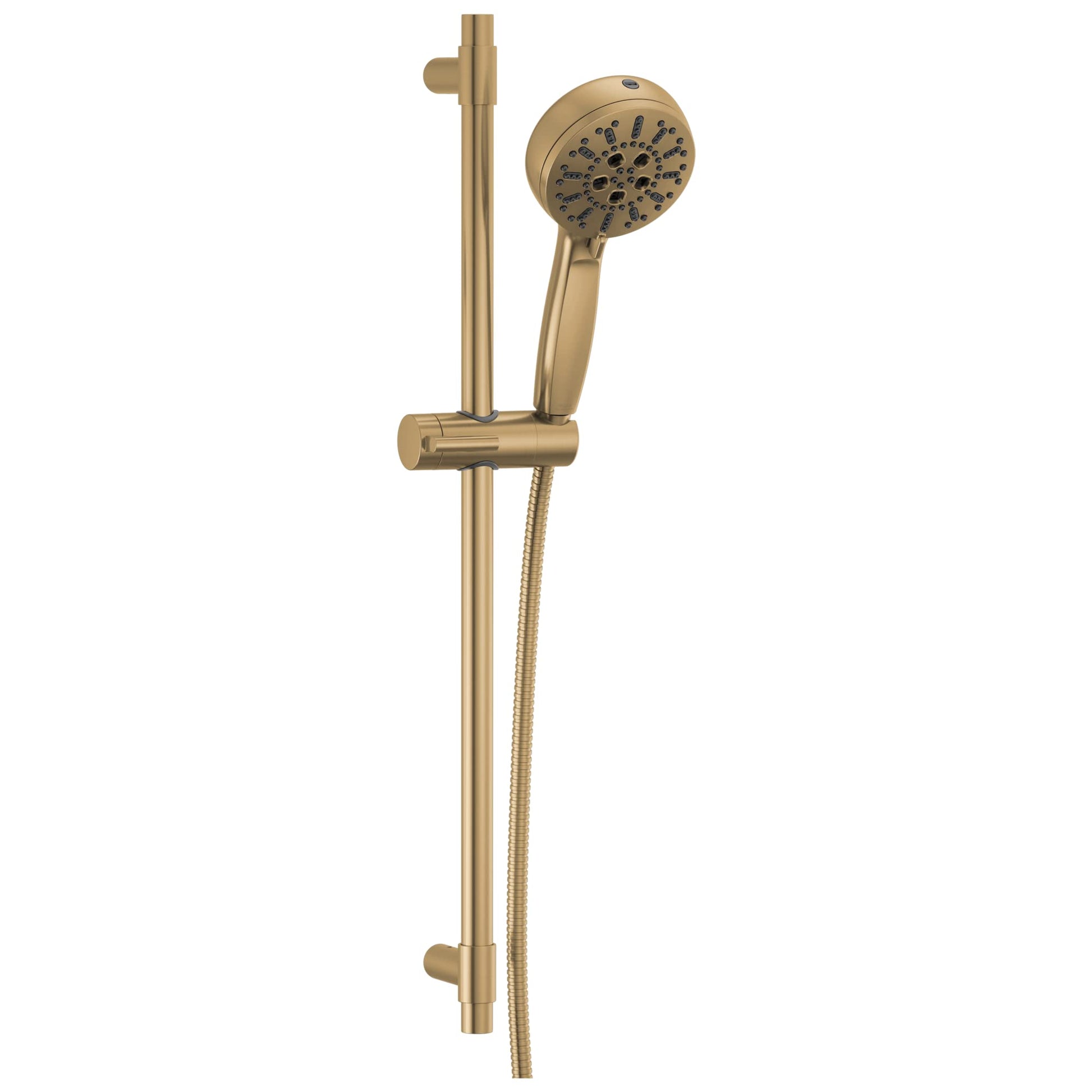 Champagne bronze slide bar hand shower with round showerhead and hose connection.
