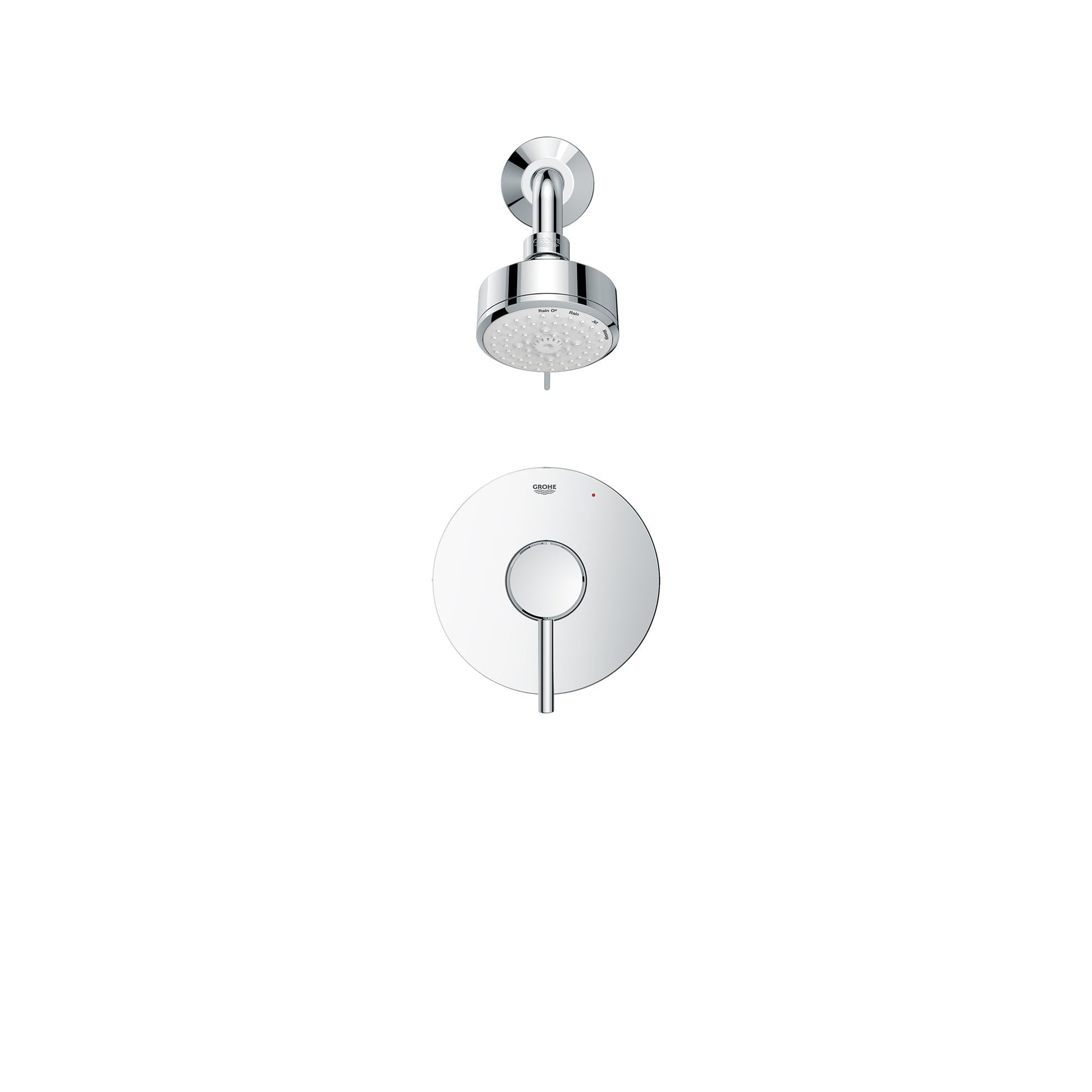 Chrome shower valve combo with round wall-mounted trim plate, control handle, and overhead showerhead with spray pattern.