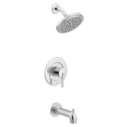Chrome single-handle tub and shower faucet trim kit with round showerhead, valve trim plate, and tub spout.