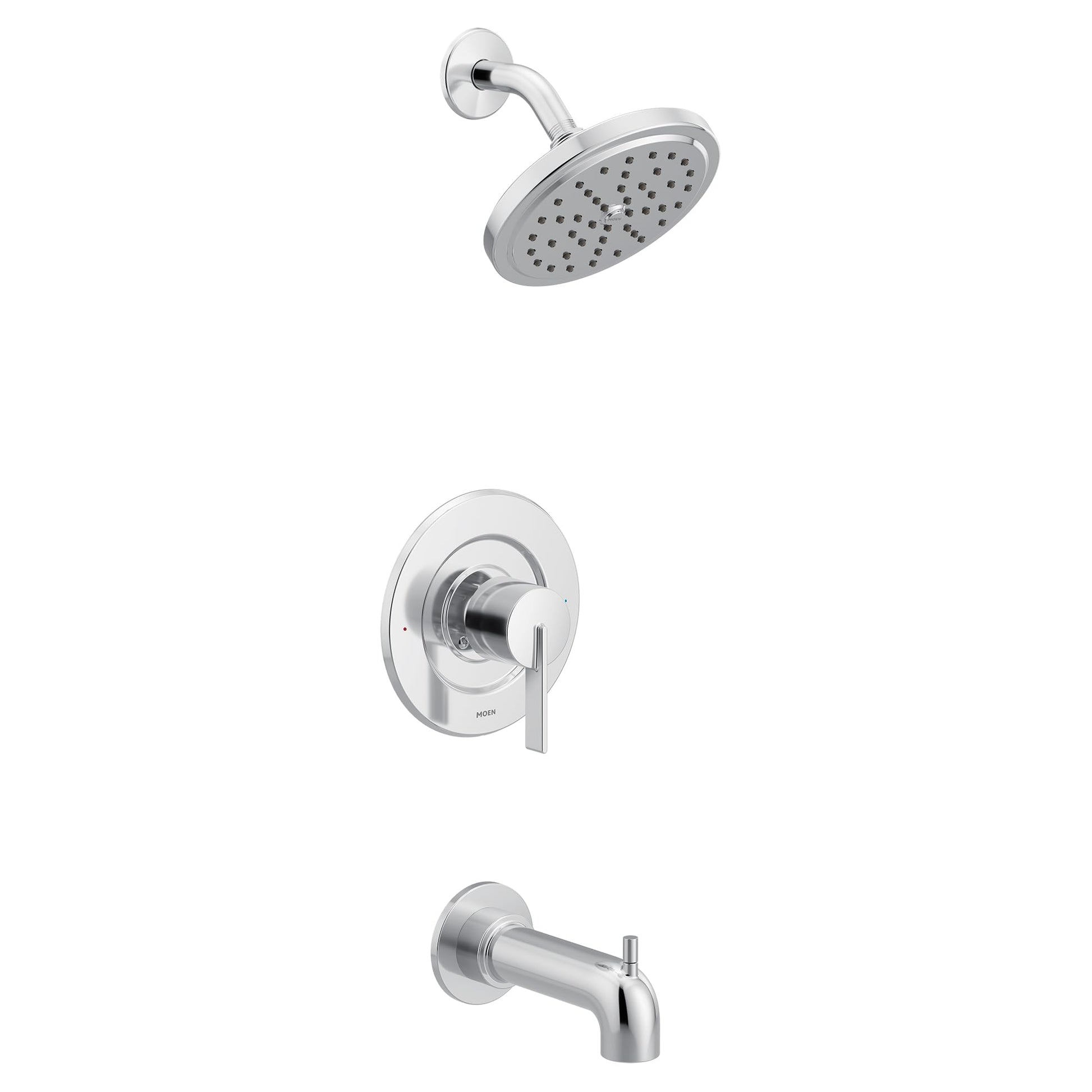 Chrome single-handle tub and shower faucet trim kit with round showerhead, valve trim plate, and tub spout.