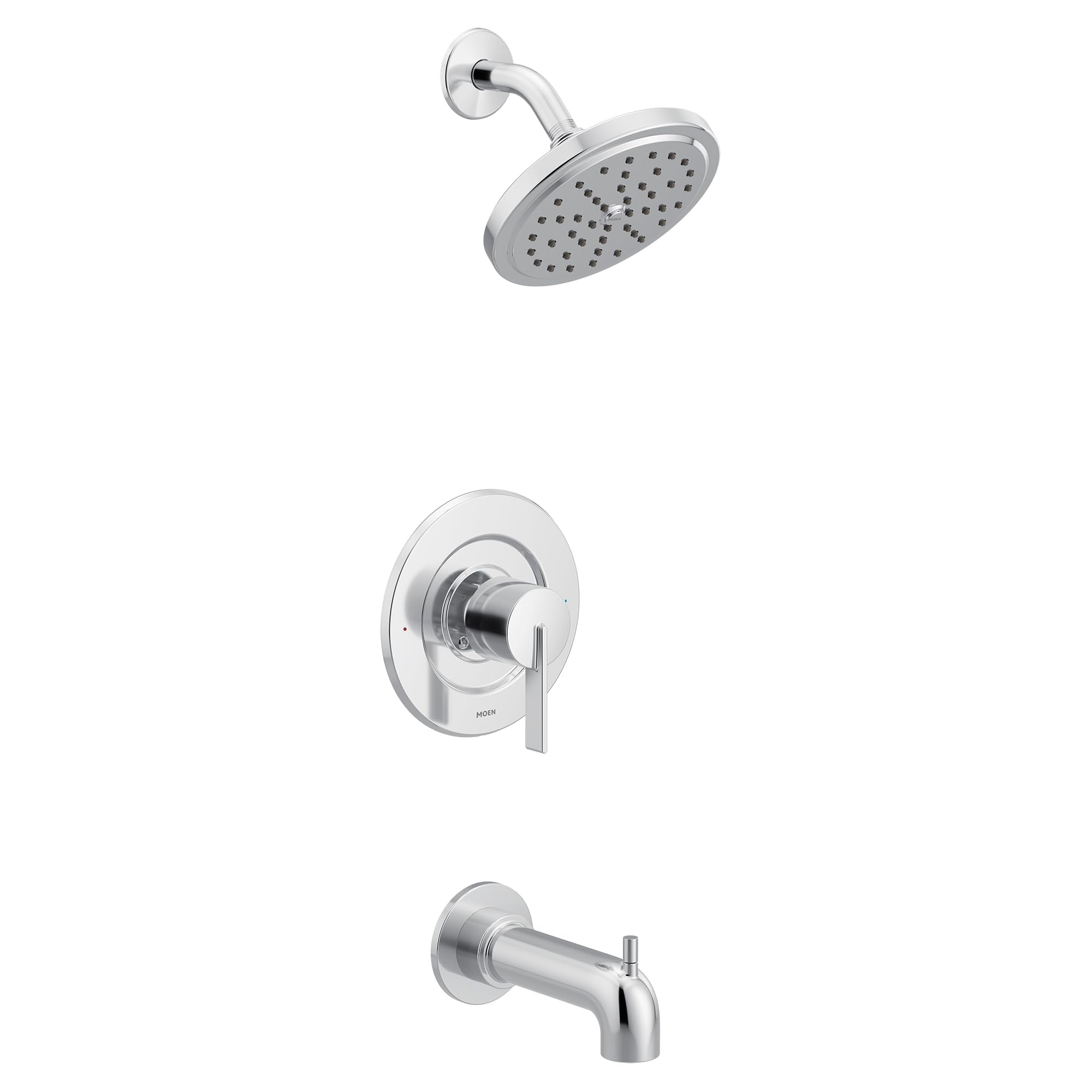 Chrome single-handle tub and shower faucet trim kit with round showerhead, valve trim plate, and tub spout.