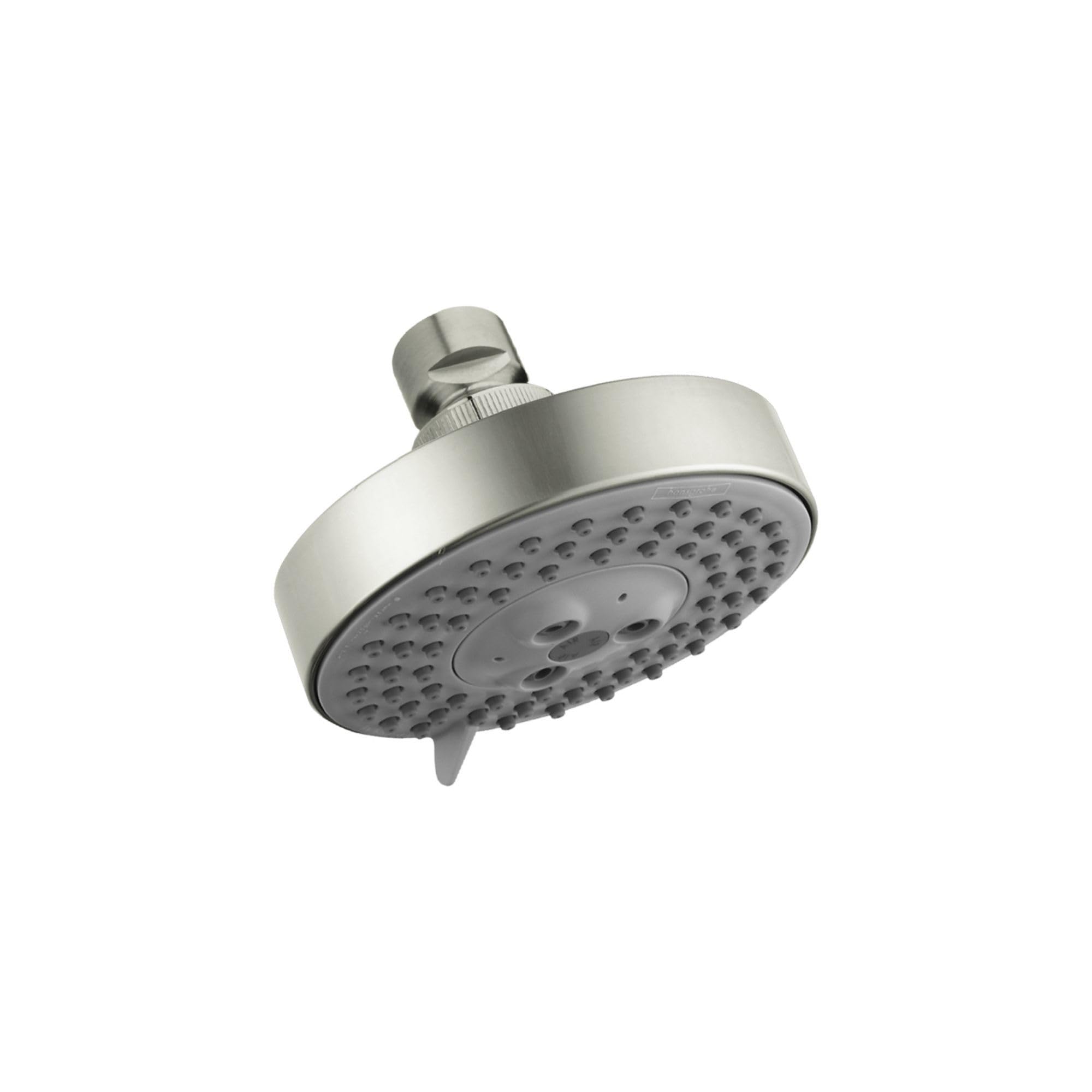 Brushed nickel round shower head with multiple spray jets and connection arm.