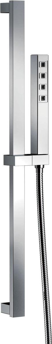Chrome slide bar shower system with square vertical rail, control valve with four outlet ports, and handheld showerhead with 