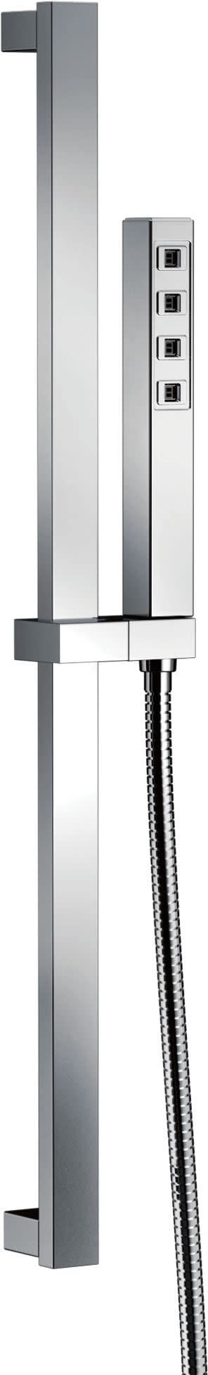 Chrome slide bar shower system with square vertical rail, control valve with four outlet ports, and handheld showerhead with 