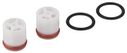 Grohe non-return valve repair kit with white cartridges, red seals, and black rubber O-rings.