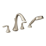 Brushed nickel deck mount tub faucet with two lever handles, curved spout, and handheld showerhead on stand.