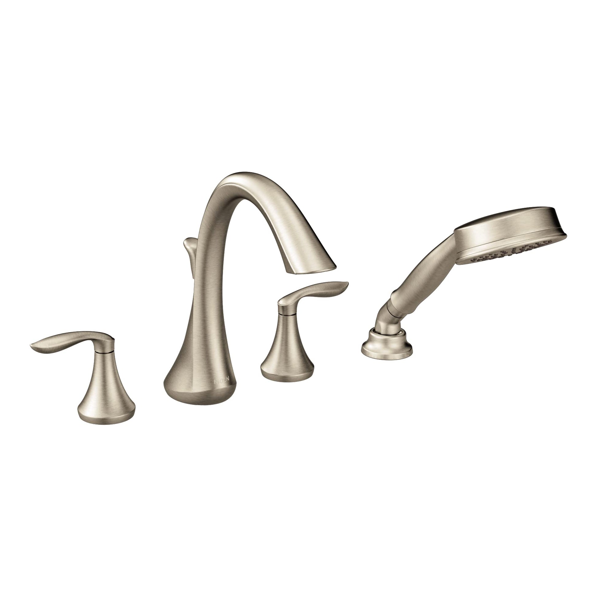 Brushed nickel deck mount tub faucet with two lever handles, curved spout, and handheld showerhead on stand.