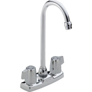 Chrome two-handle bar faucet with curved gooseneck spout and blade handles on rectangular base.