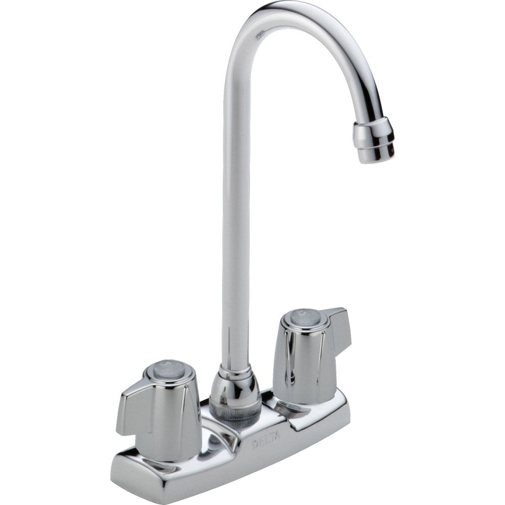 Chrome two-handle bar faucet with curved gooseneck spout and blade handles on rectangular base.