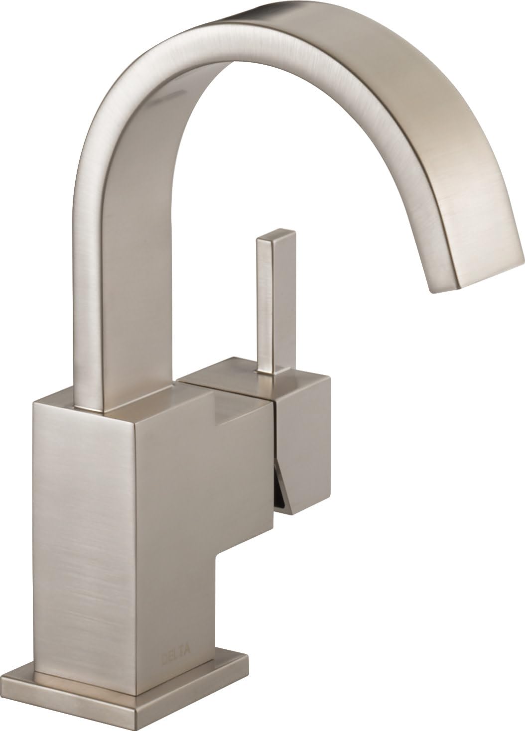 Chrome single handle bathroom faucet with curved spout and square base in brushed nickel finish.