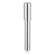 Chrome stick hand shower with cylindrical head featuring circular spray holes and extended handle.