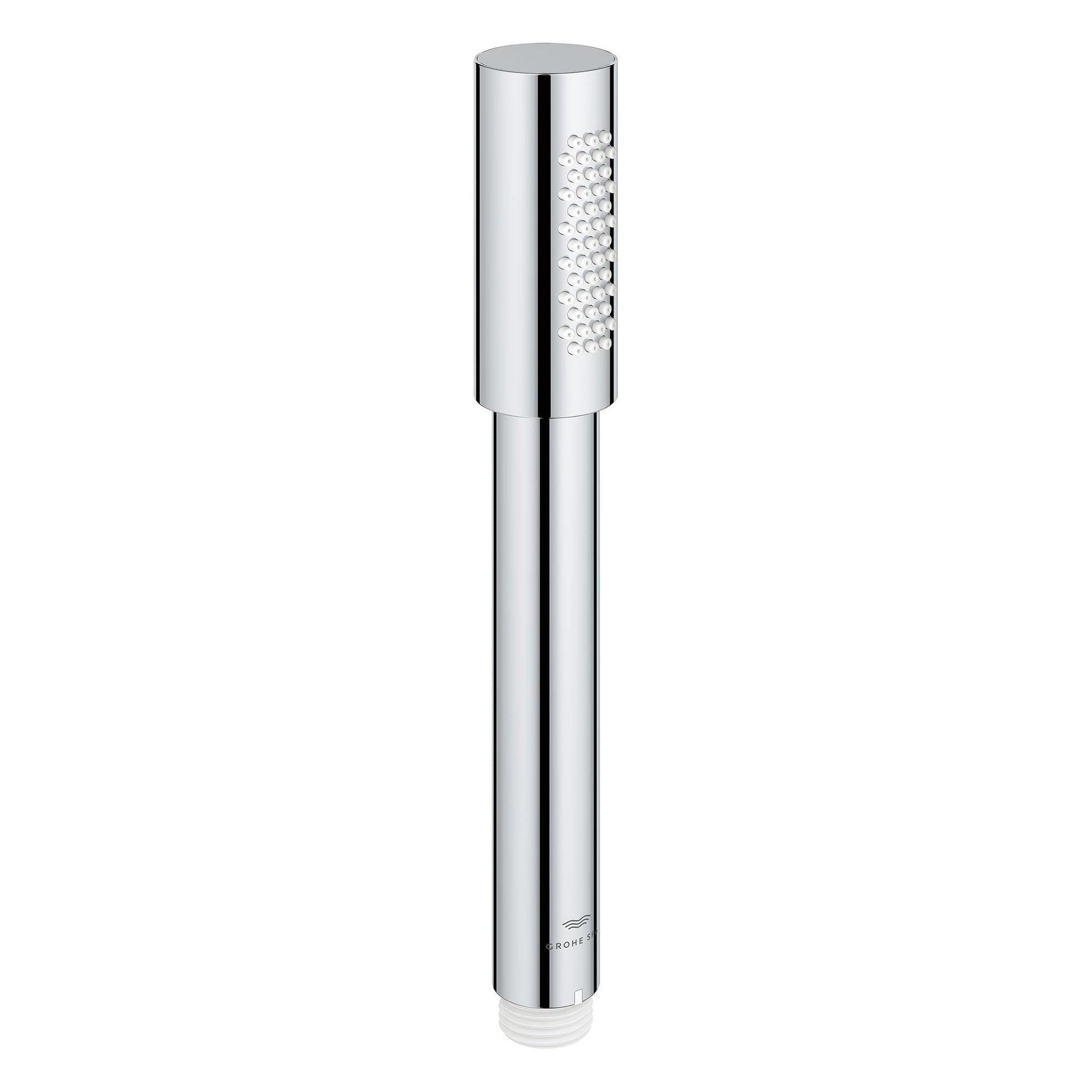 Chrome stick hand shower with cylindrical head featuring circular spray holes and extended handle.
