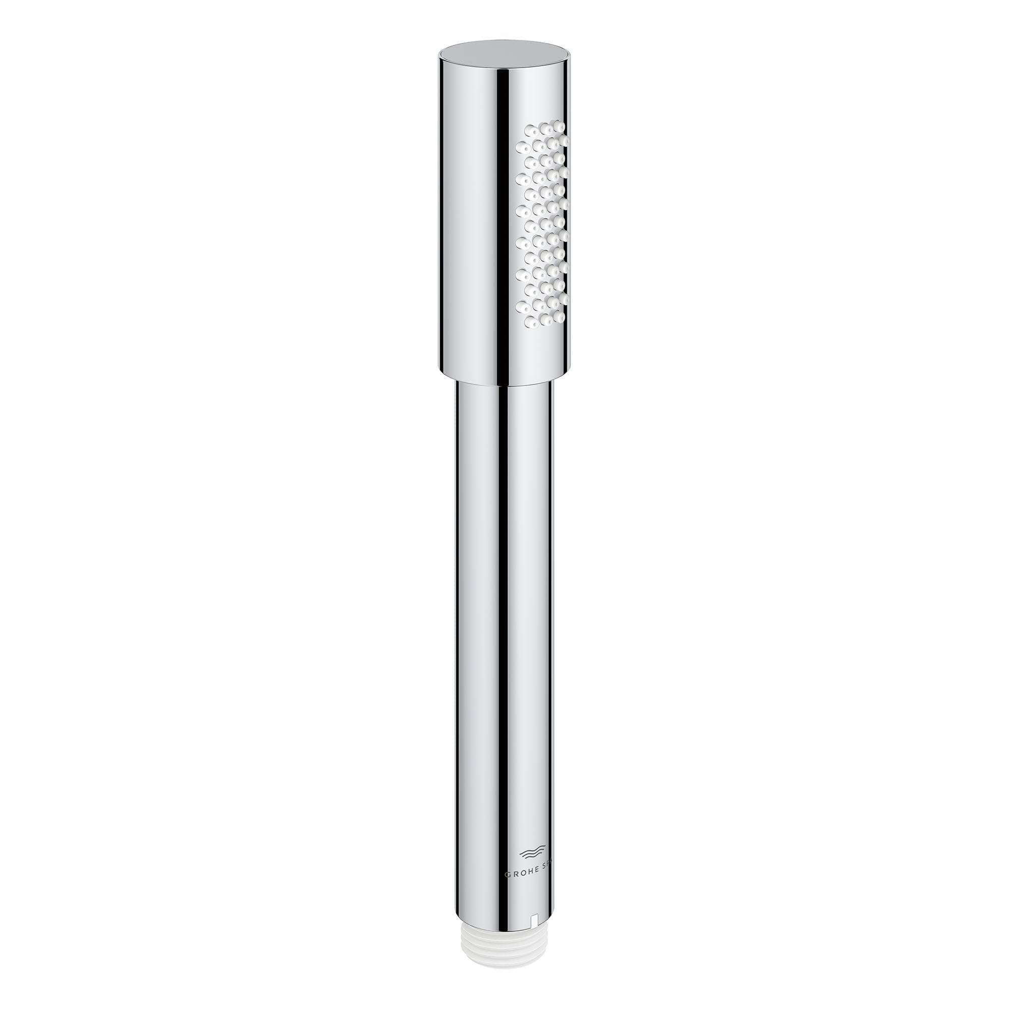 Chrome stick hand shower with cylindrical head featuring circular spray holes and extended handle.