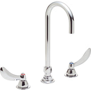 Chrome two-handle below-deck mount faucet with tall curved spout and wide lever handles.