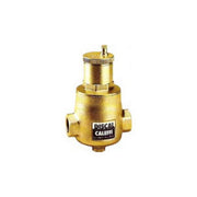 Brass air separator with threaded ports and removable top cap, featuring DISCAL and Caleffi brand labels.
