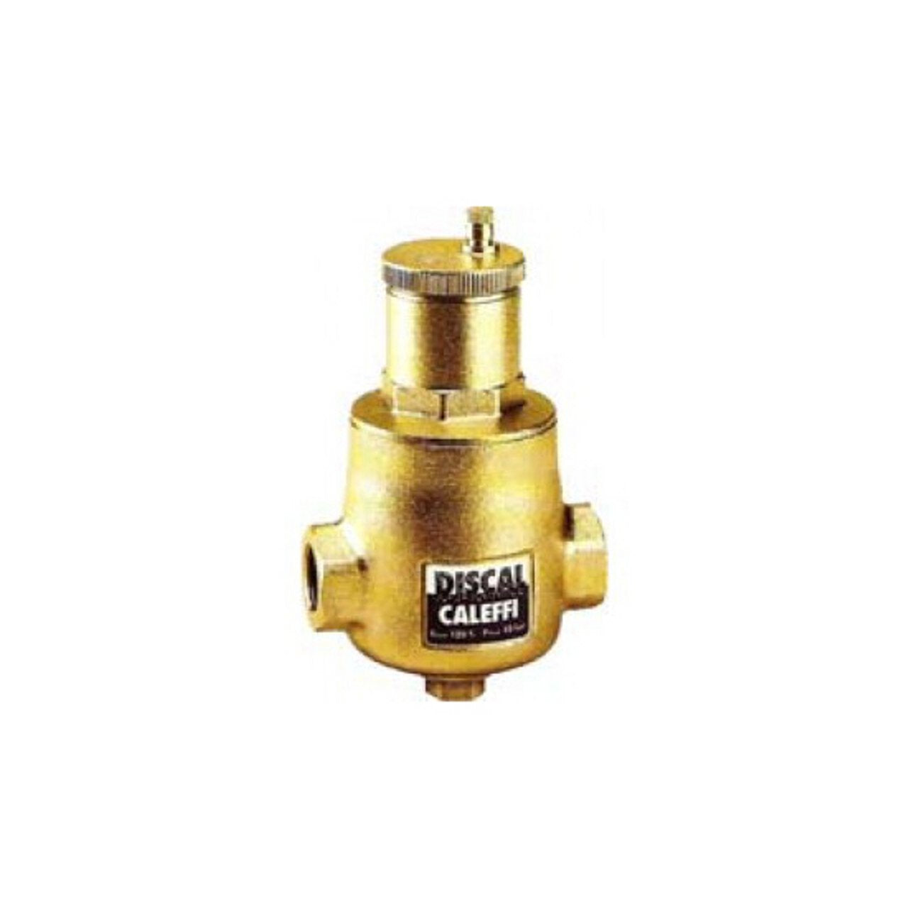 Brass air separator with threaded ports and removable top cap, featuring DISCAL and Caleffi brand labels.