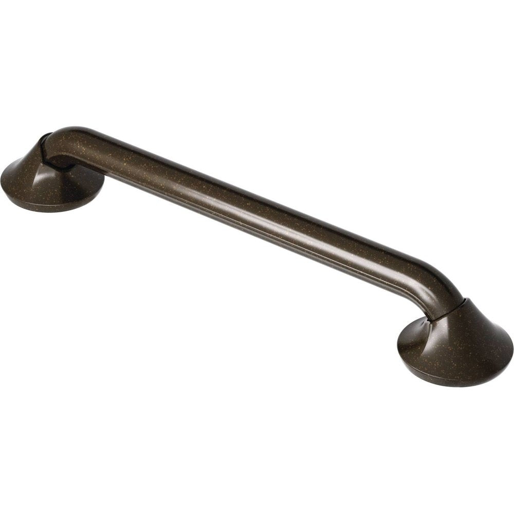 Oil rubbed bronze 12-inch stainless steel grab bar with rounded grip ends and wall-mounted brackets.