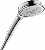 Chrome handheld showerhead with round spray face and cylindrical handle.