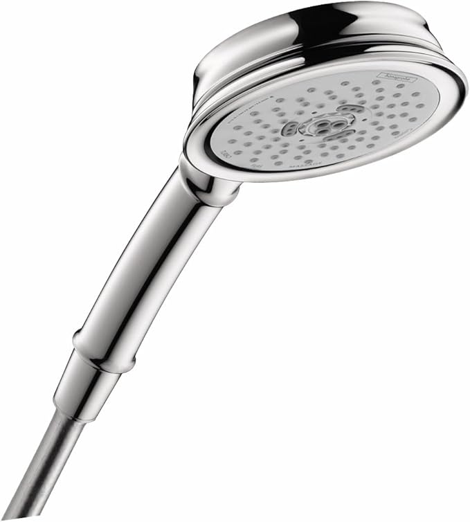 Chrome handheld showerhead with round spray face and cylindrical handle.