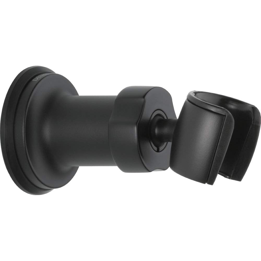 Matte black wall mount bracket with adjustable holder for hand shower head.