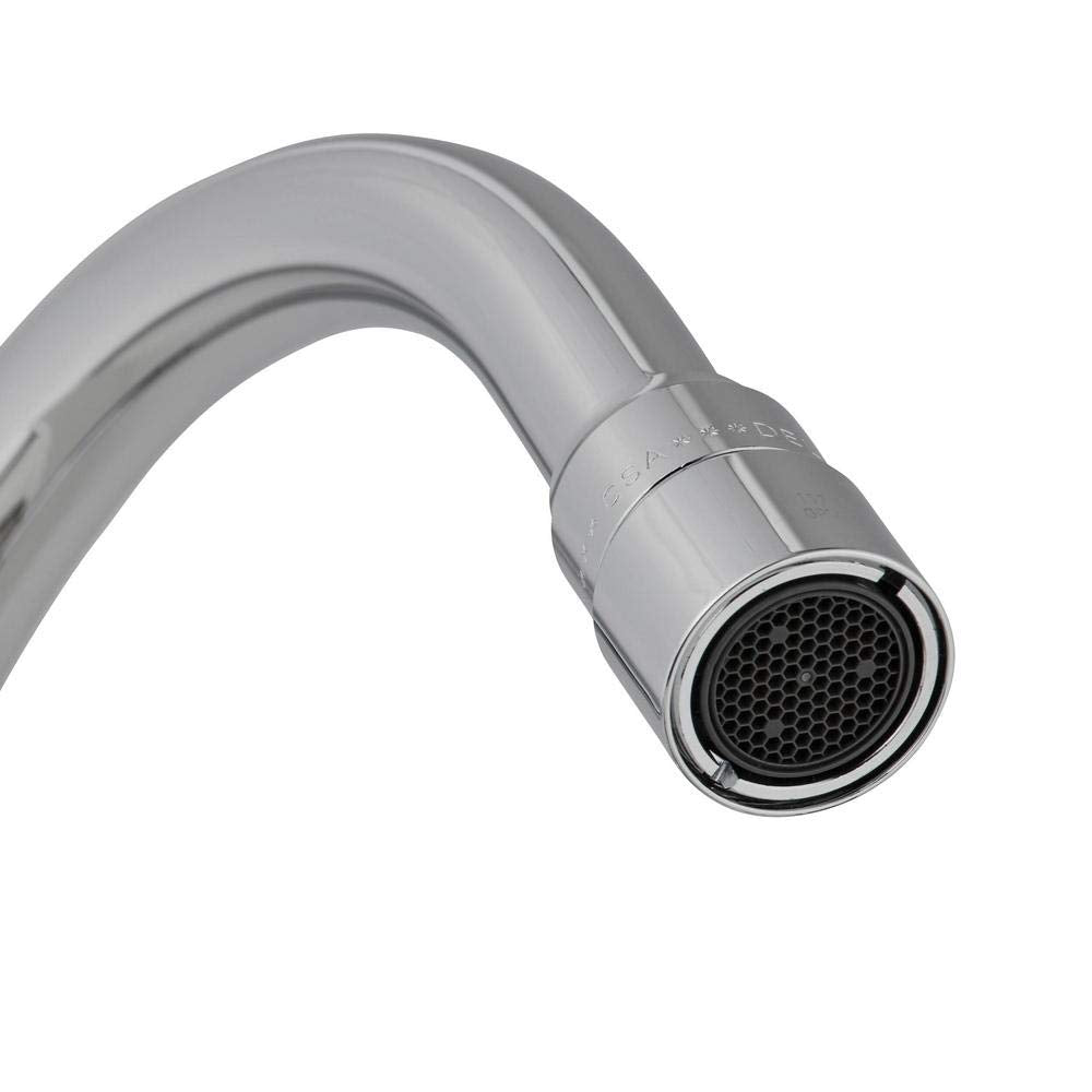 Chrome deck mount faucet with curved spout, two handles, and perforated aerator tip.