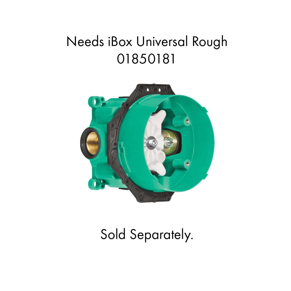 Green iBox Universal Rough valve body with black trim ring and brass ports for thermostatic trim installation.