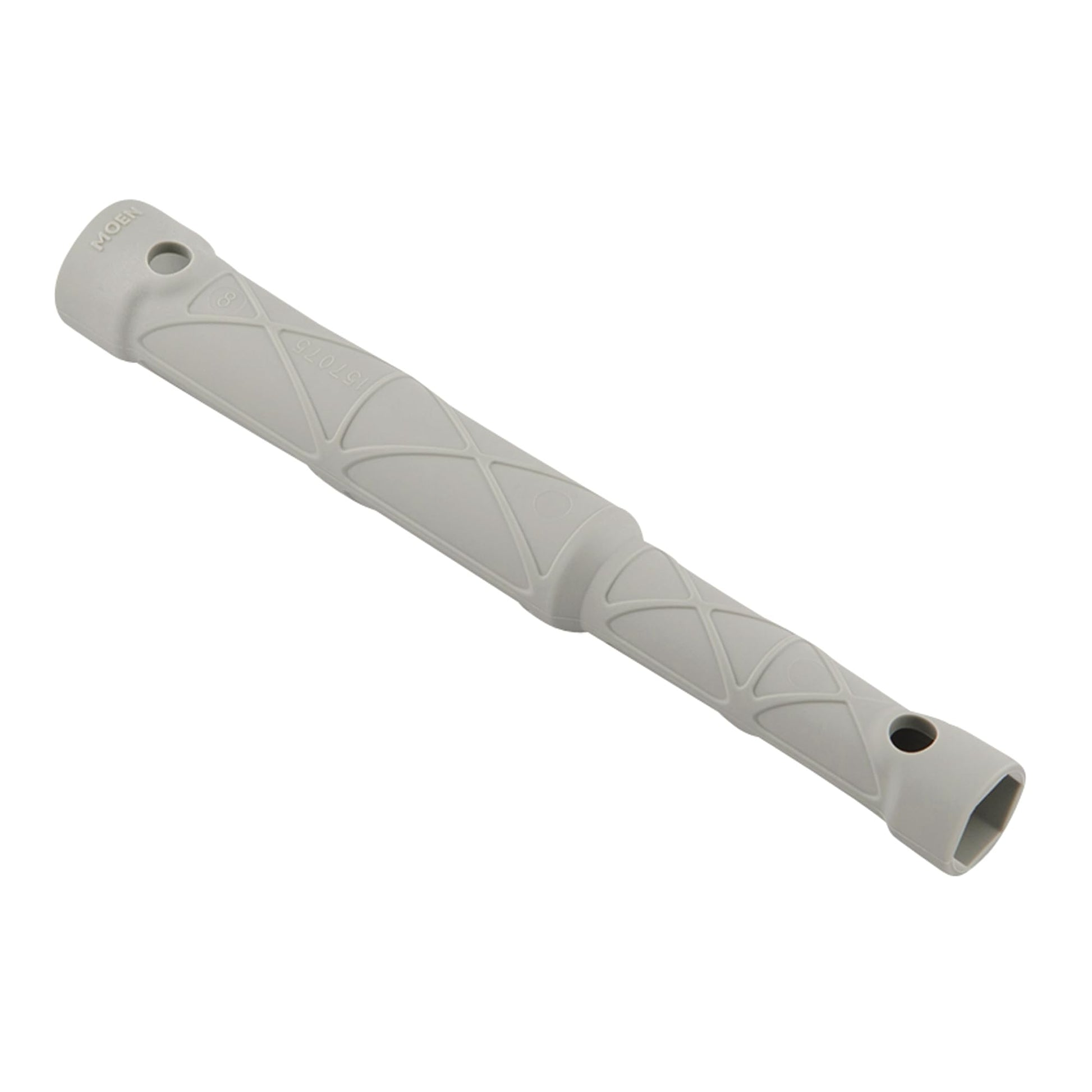 Gray plastic Moen faucet installation rod with cross-hatch pattern and mounting holes at each end.