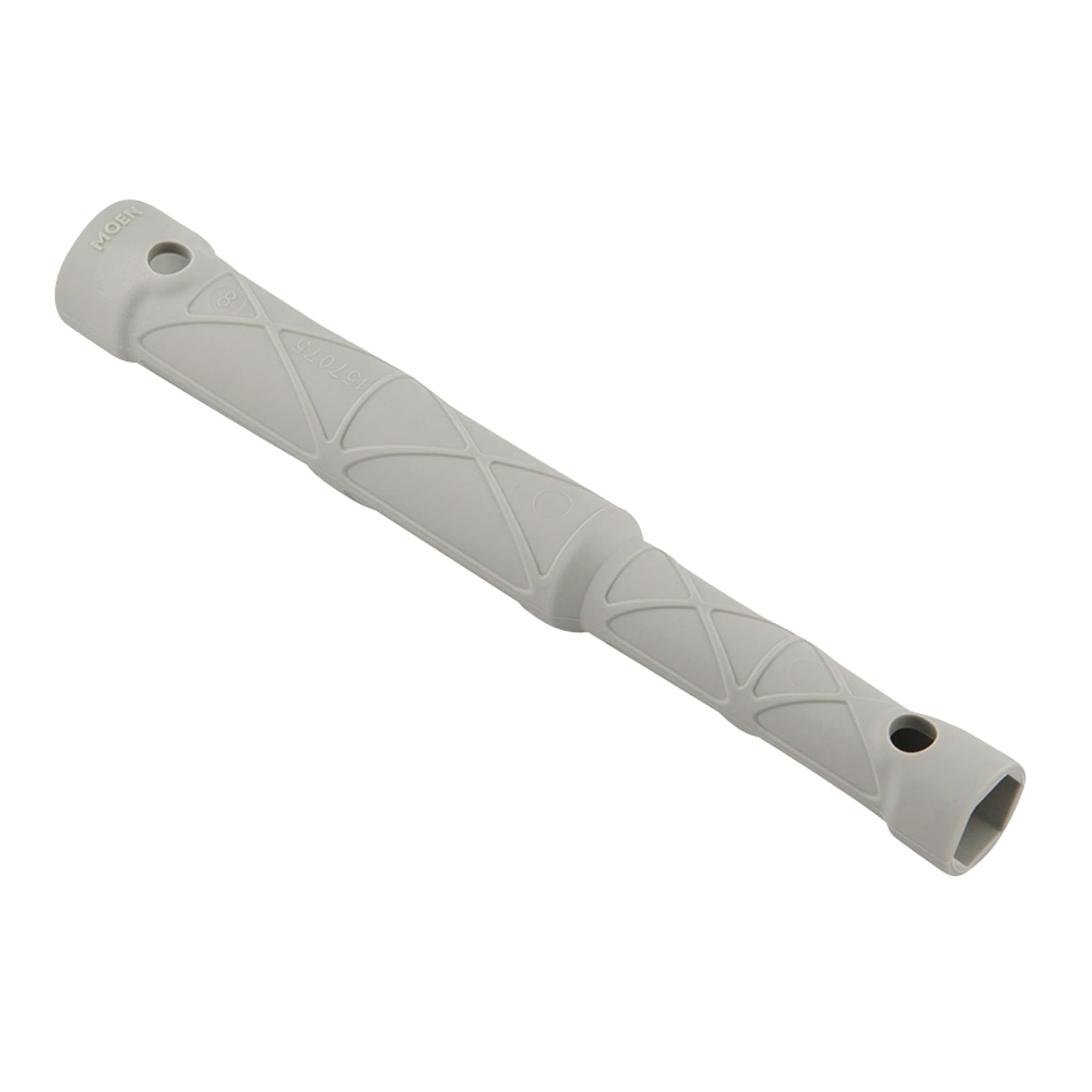Gray plastic Moen faucet installation rod with cross-hatch pattern and mounting holes at each end.