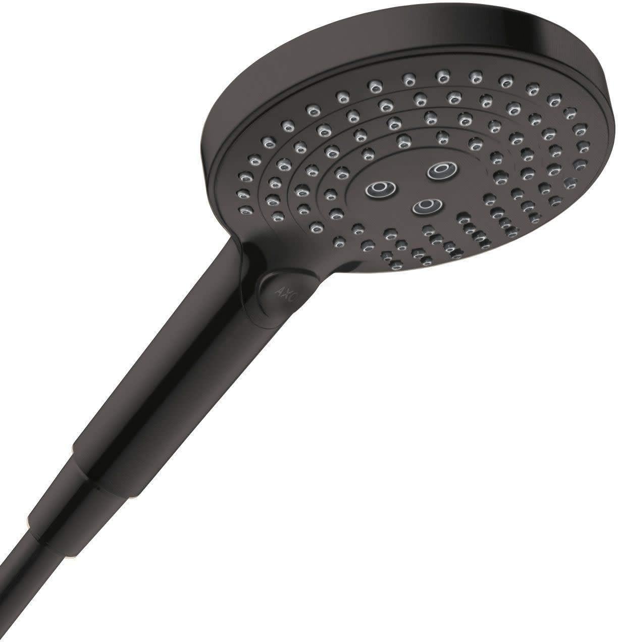 Polished black chrome handshower with round head featuring multiple spray jets and ergonomic grip handle.