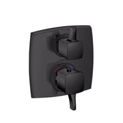 Matte black square thermostatic shower trim with two cube handles, temperature dial with red indicator, and diverter lever.