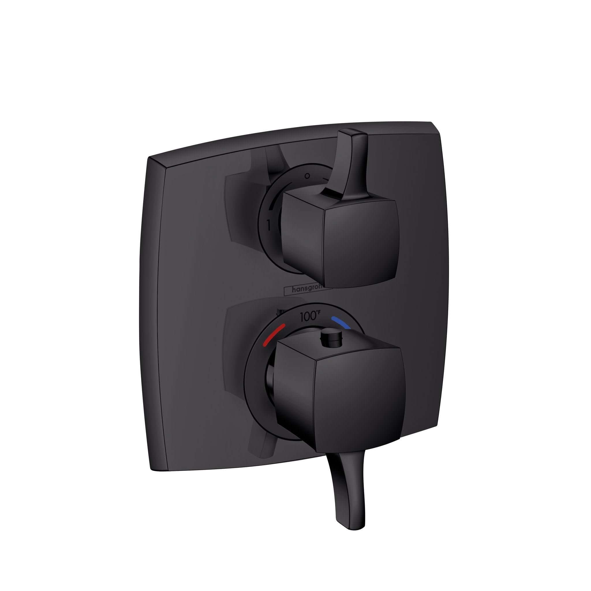 Matte black square thermostatic shower trim with two cube handles, temperature dial with red indicator, and diverter lever.