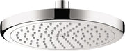 Chrome round shower head with multiple spray jets and ceiling mount connection.