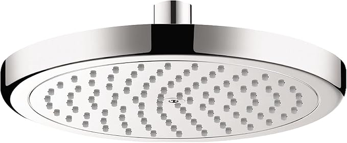 Chrome round shower head with multiple spray jets and ceiling mount connection.