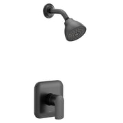 Matte black shower trim kit with single handle control, perforated showerhead, and wall-mounted escutcheon plate.