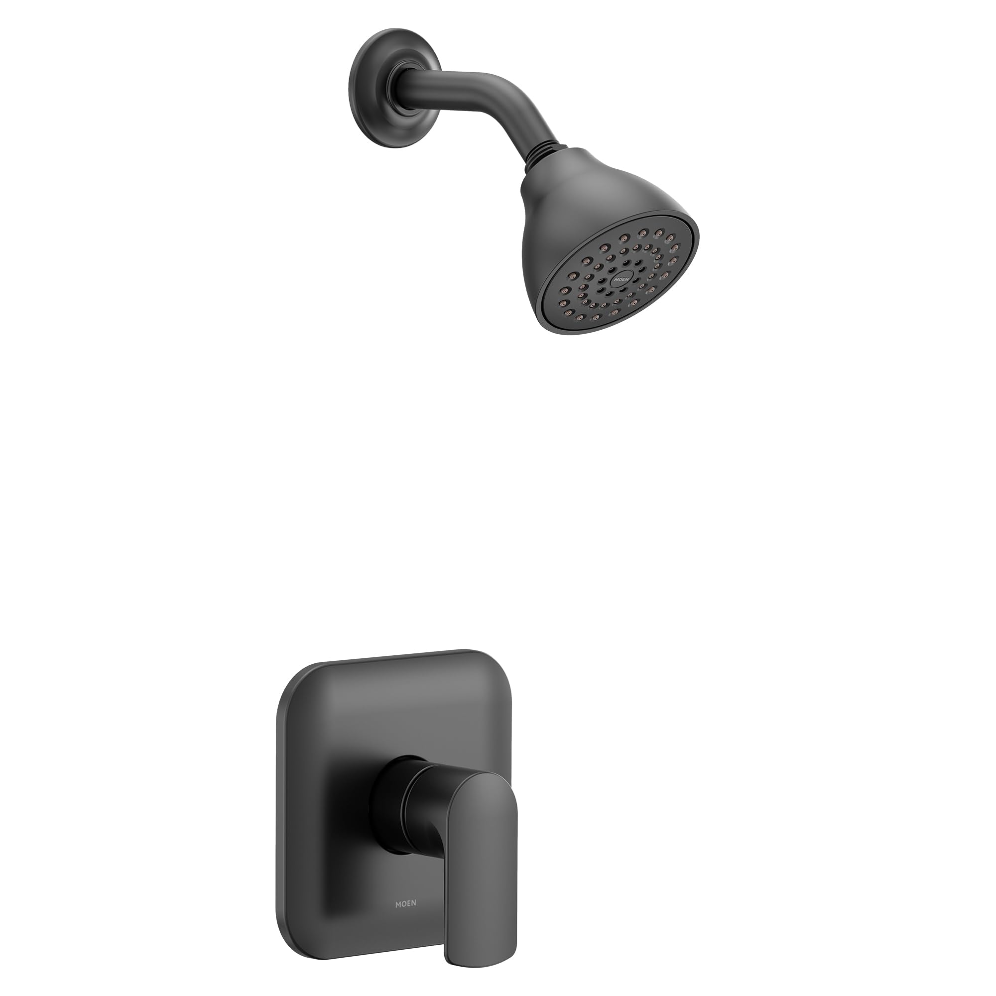 Matte black shower trim kit with single handle control, perforated showerhead, and wall-mounted escutcheon plate.