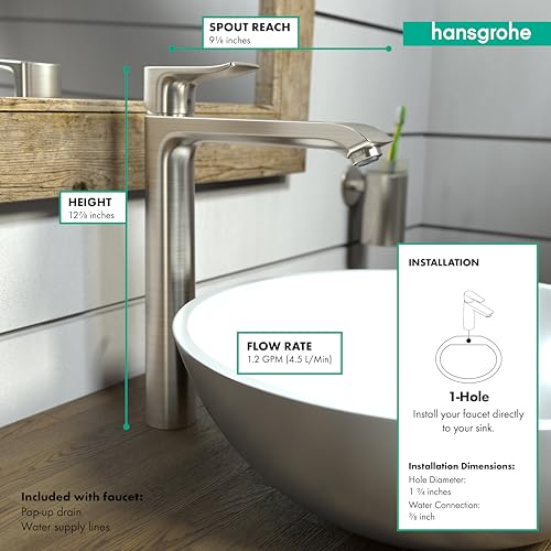 Brushed nickel single-hole bathroom faucet with high-rise spout and curved lever handle mounted on white sink.