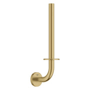 Brushed gold vertical toilet paper holder with curved pipe design and wall-mounted base.