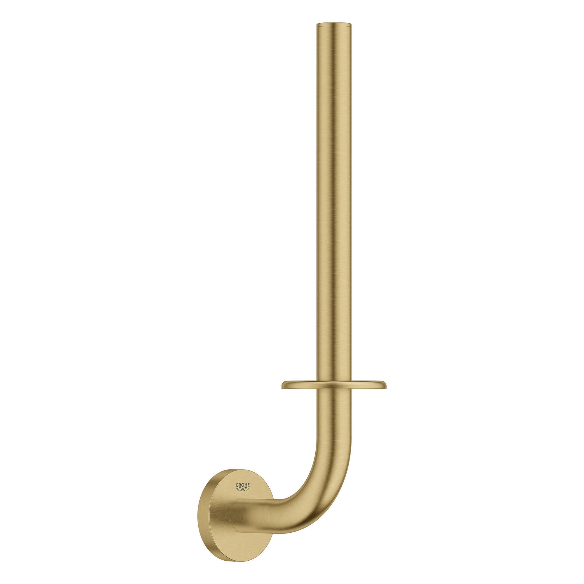 Brushed gold vertical toilet paper holder with curved pipe design and wall-mounted base.