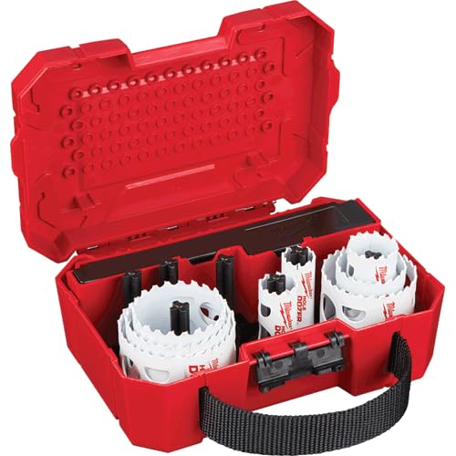 Red plastic case containing 11 Milwaukee hole saws in various sizes with white cutting surfaces and black arbors.