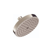 Brushed nickel round shower head with multiple spray jets and wall-mounted connector arm.