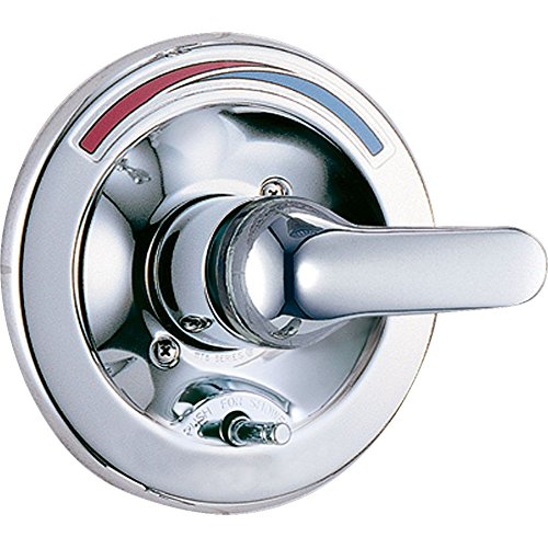 Chrome push button diverter valve trim with red and blue temperature indicator rings on circular escutcheon plate.