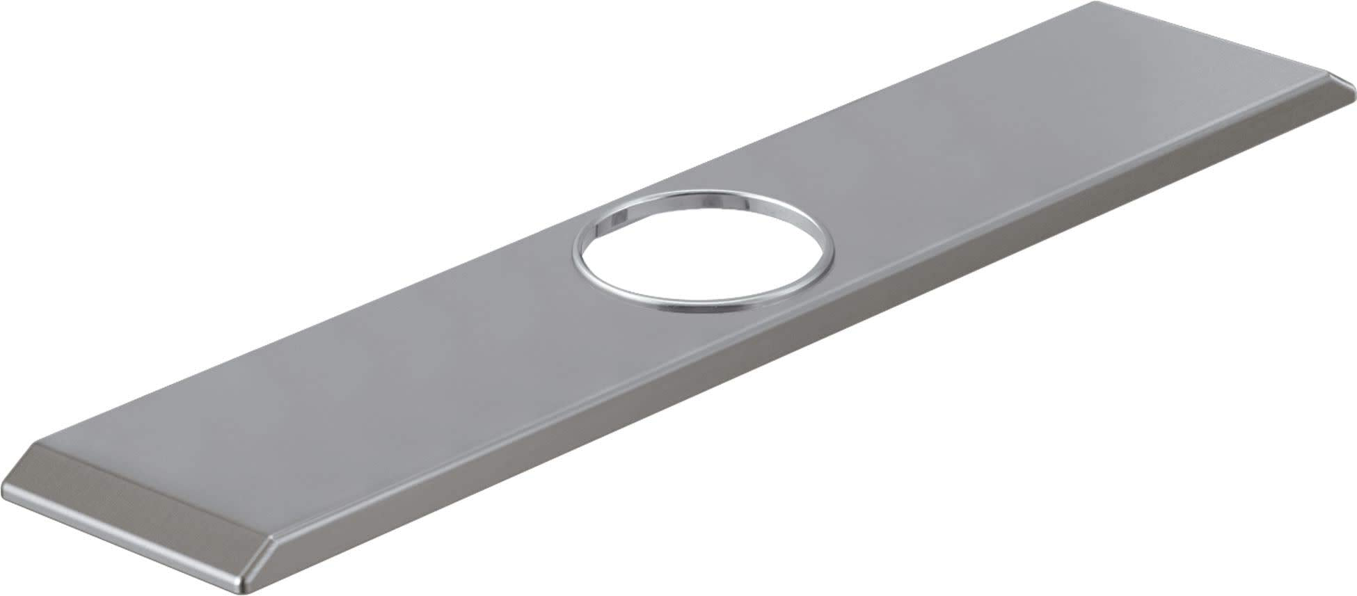 Arctic stainless steel rectangular escutcheon with circular opening and beveled edges.