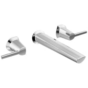 Chrome wall-mount bathroom faucet with two lever handles and elongated spout.