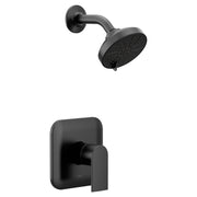 Matte black single-handle shower trim with round showerhead and wall-mounted valve control.